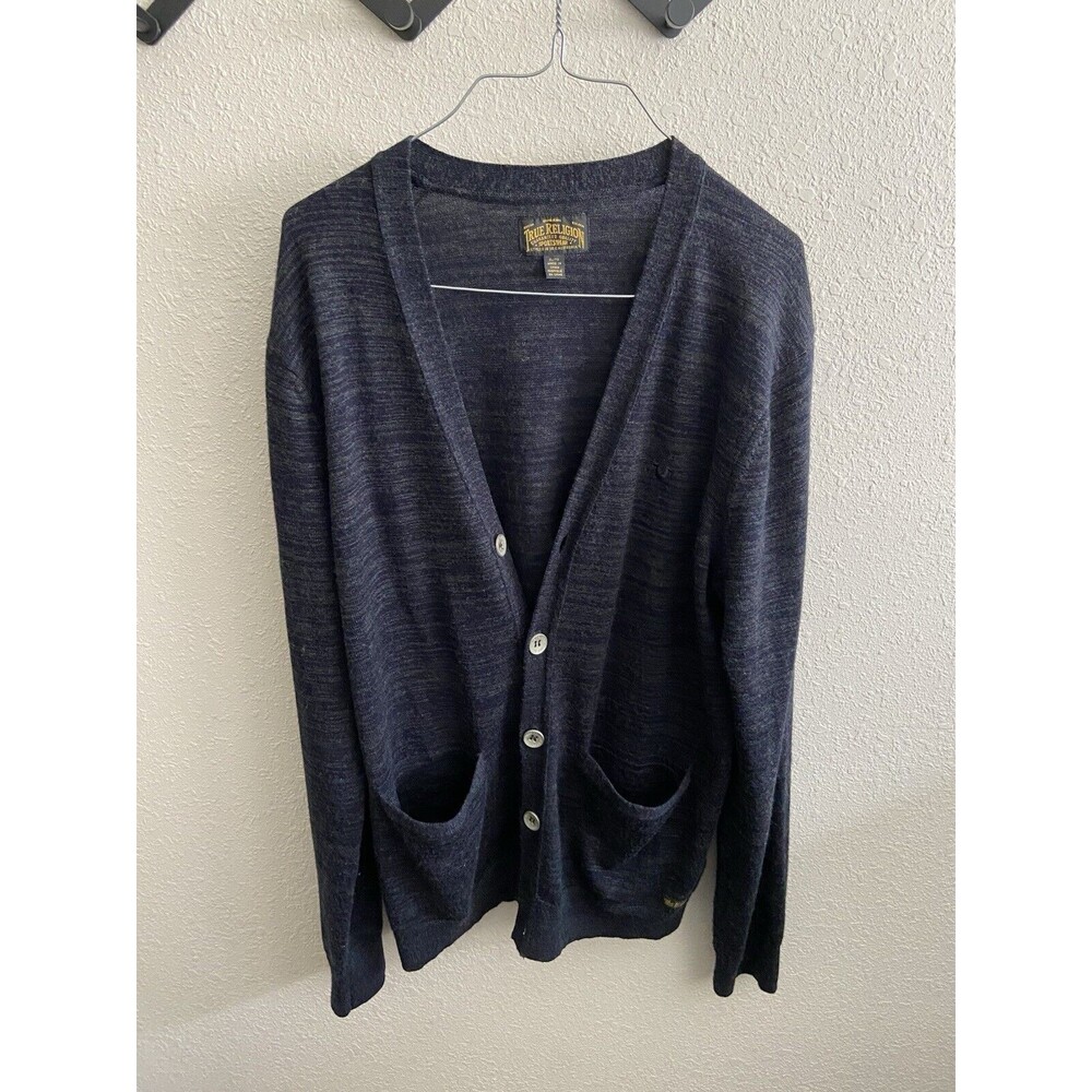 True Religion Heathered Black Gray Button Mens Size XL Cardigan Pocket Wool